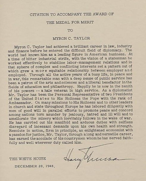 Photo of citation for the awarding of the Medal For Merit by President Truman